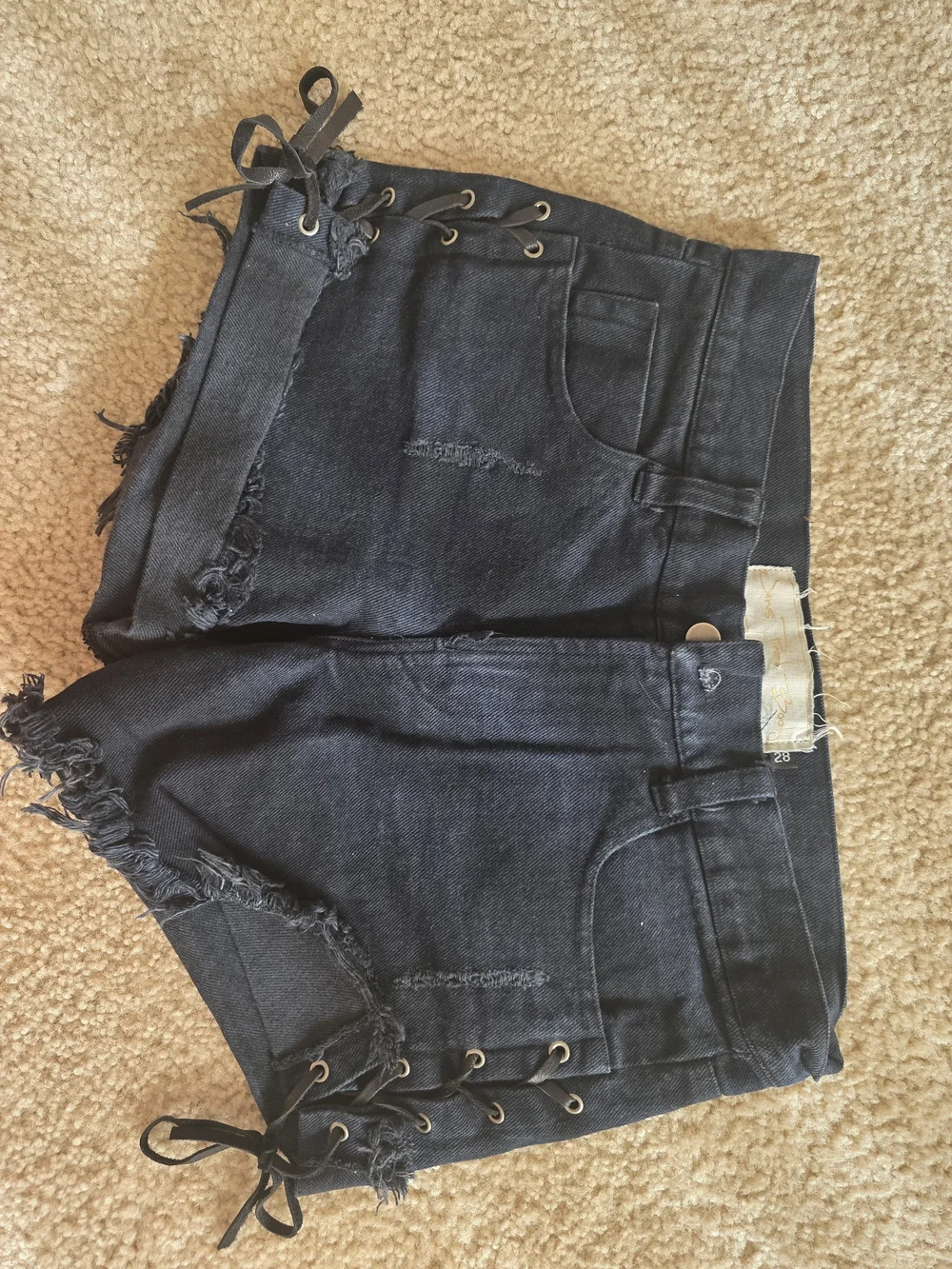 7 For All Mankind Black Denim Lace-Up Shorts